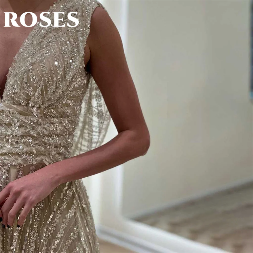 ROSES Simple White Evening Dress Tank Tulle Beach Long Corset Prom Dress with Pleats V-Neck فساتين سهره Sequins Party Dresses