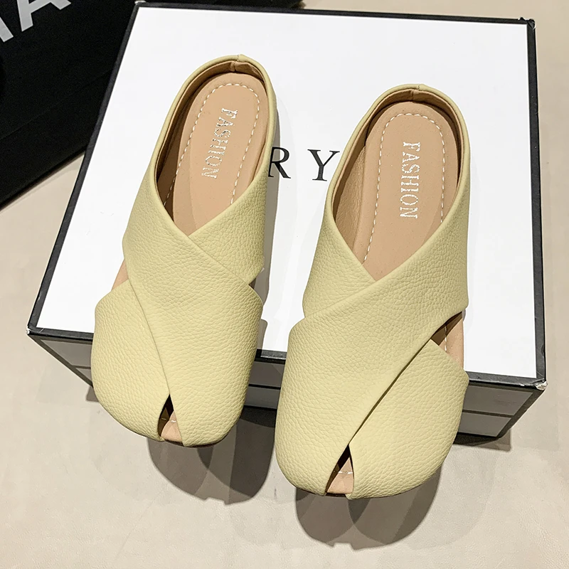 New Leather Slippers Women Spring Summer Mules Shoes Square Toe Flat Sandals Casual Shoes Zapatos De Mujer