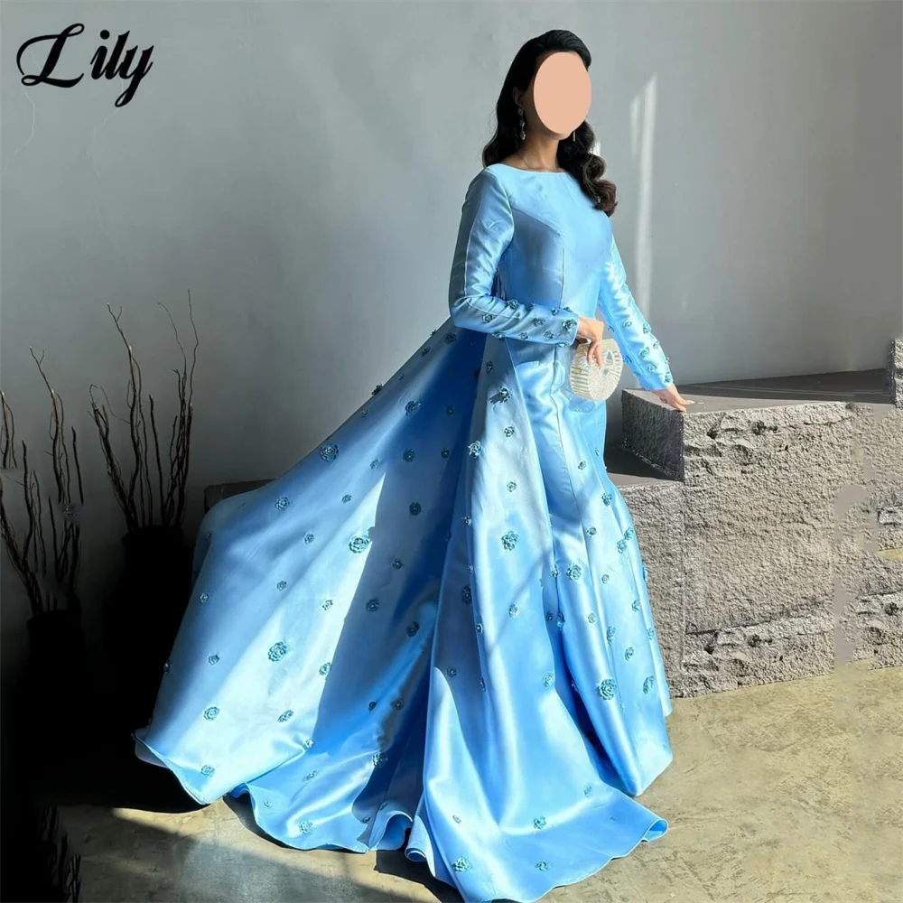 Lily Blue รอบคอชุดราตรีซาตินชุดราตรียาวชุด 3D ดอกไม้ Appliques Mermaid Train ชุดอย่างเป็นทางการที่กําหนดเอง