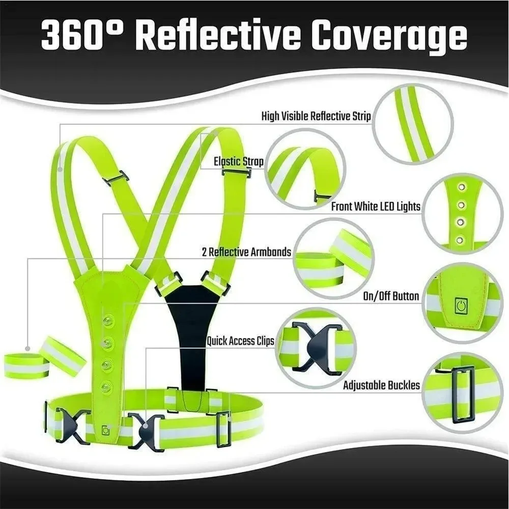 High Visibility Cycling Vests 3 Light Modes Adjustable LED Running Light Elastic Flashing Safety Reflective Vest