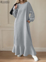 2024 ZANZEA Winter Dresses Fashion Women Long Sleeve Autumn Hoodies Dress Solid Sweatshirts Robe Elegant Ruffles Hem Work Dress