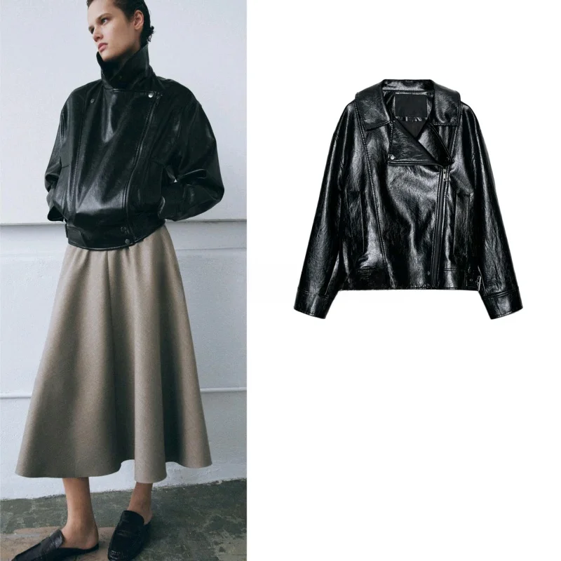 

Spring New Women's Casual Sle Long Sve Stand Collar Zipper PU Leather Jaet Metal Bule ort Outerwear 7522303