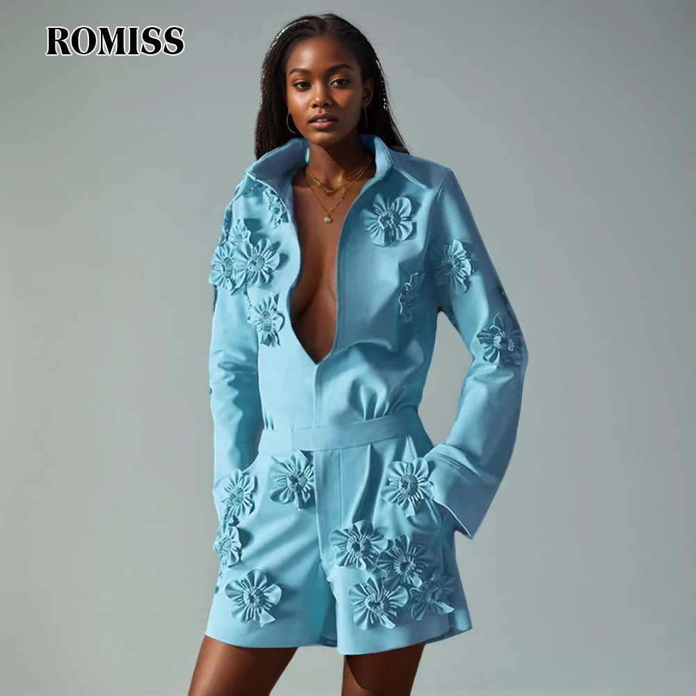 ROMISS Solid Patchwork Appliques Slimming Jumpsuits For Women Lapel Long Sleeve High Waist Temperament Jumpsuit Female New