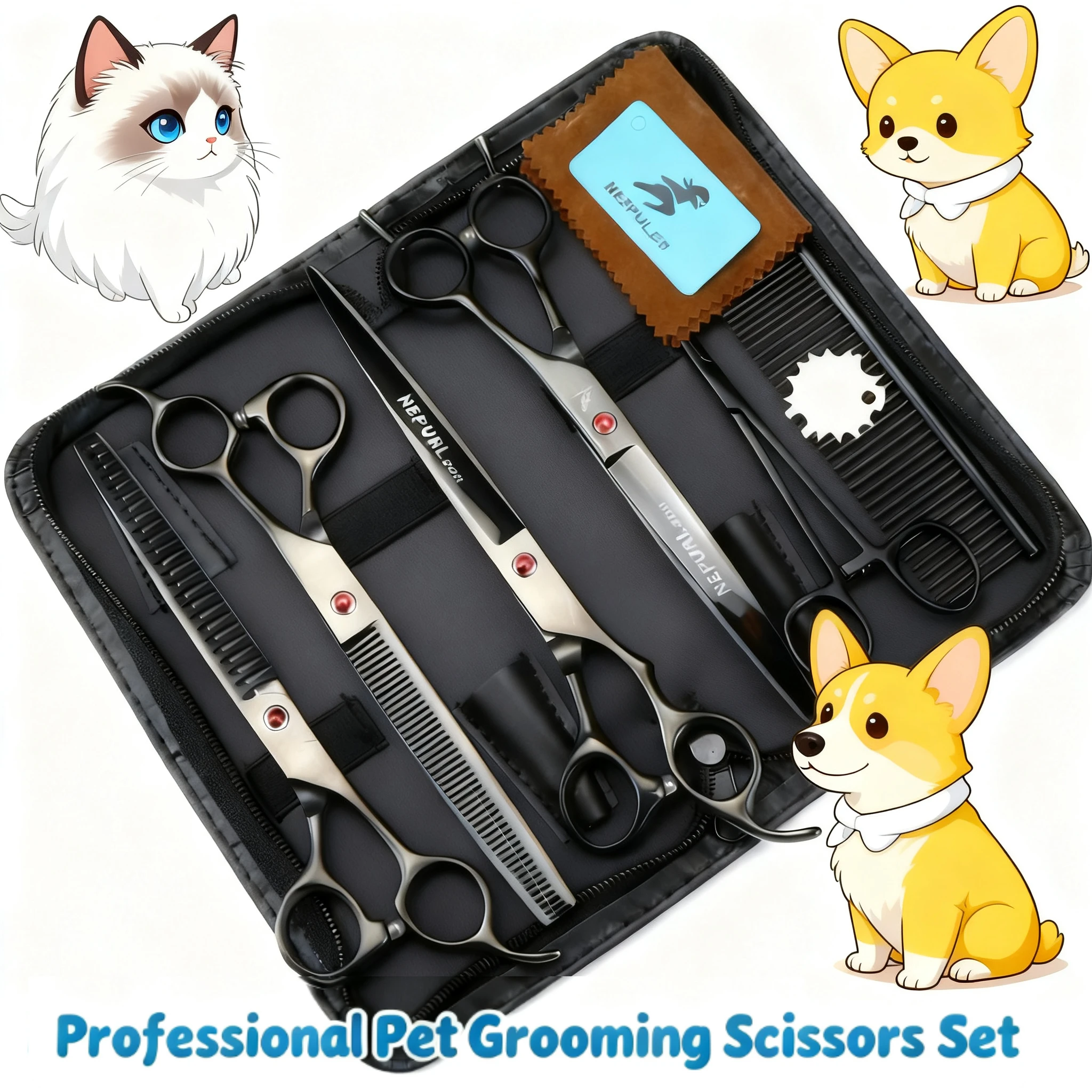 

Professional Pet Grooming Scissors Kit 9 Pieces 8 Inch 440C Stainless Steel Curved Straight Scissors and Comb for Pet use