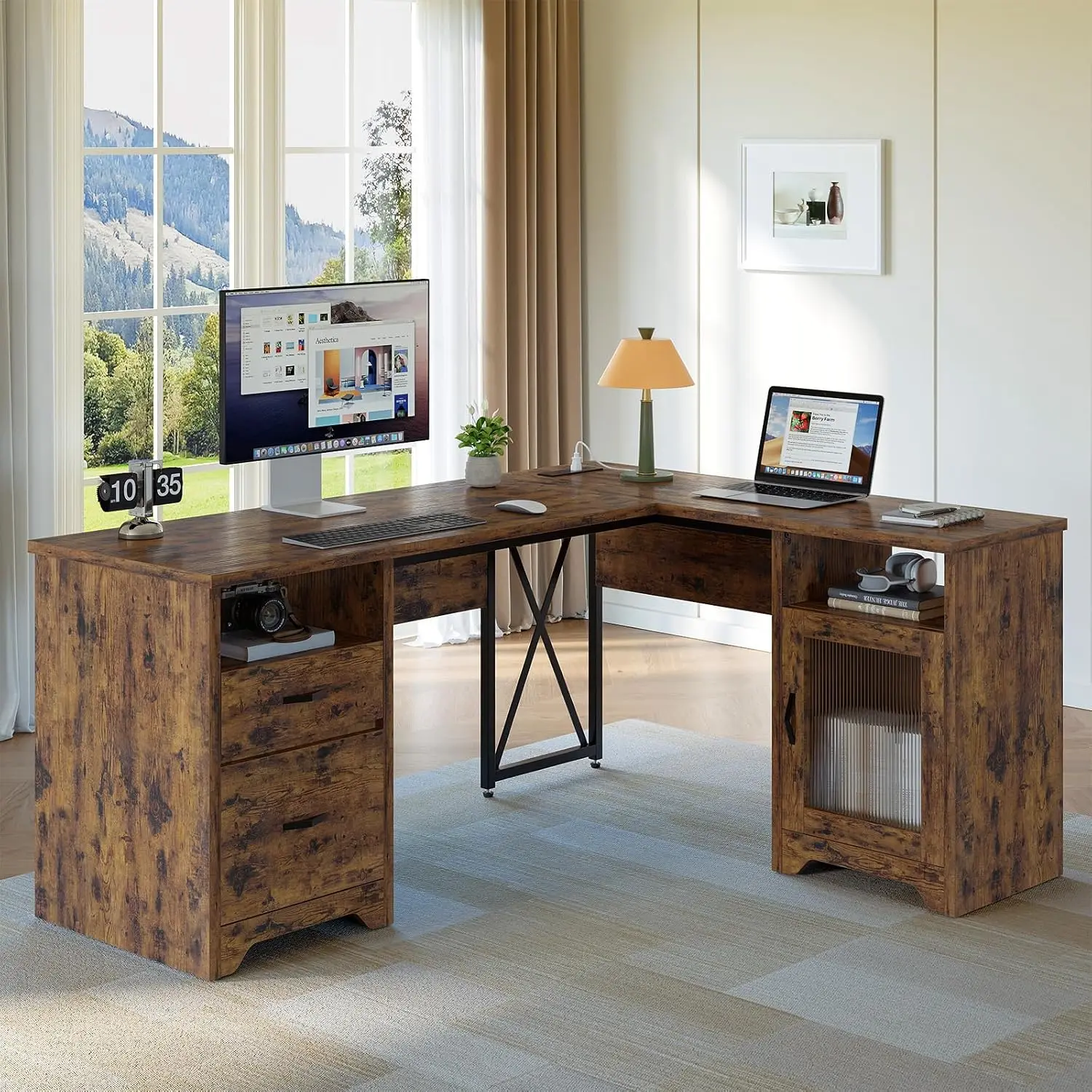 L Shaped Office Desk with Charging Station, Drawers, Cabinet, File Storage, 63