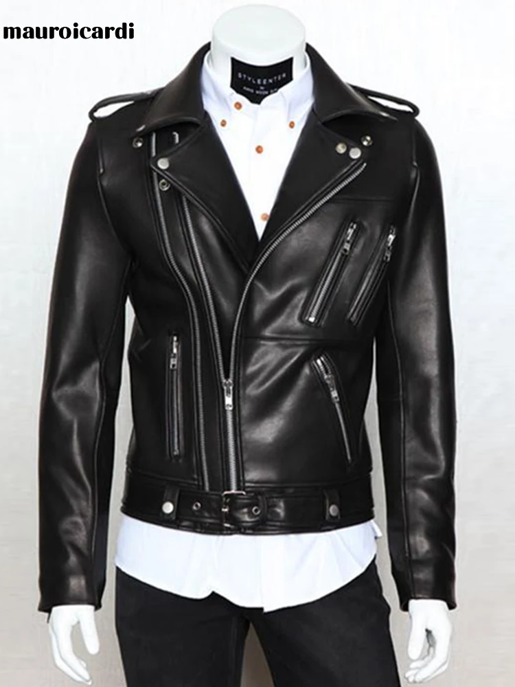 

Mauroicardi Spring Autumn Cool Black Soft Faux Leather Jacket Men with Many Zippers Long Sleeve Belt Plus Size Outerwear