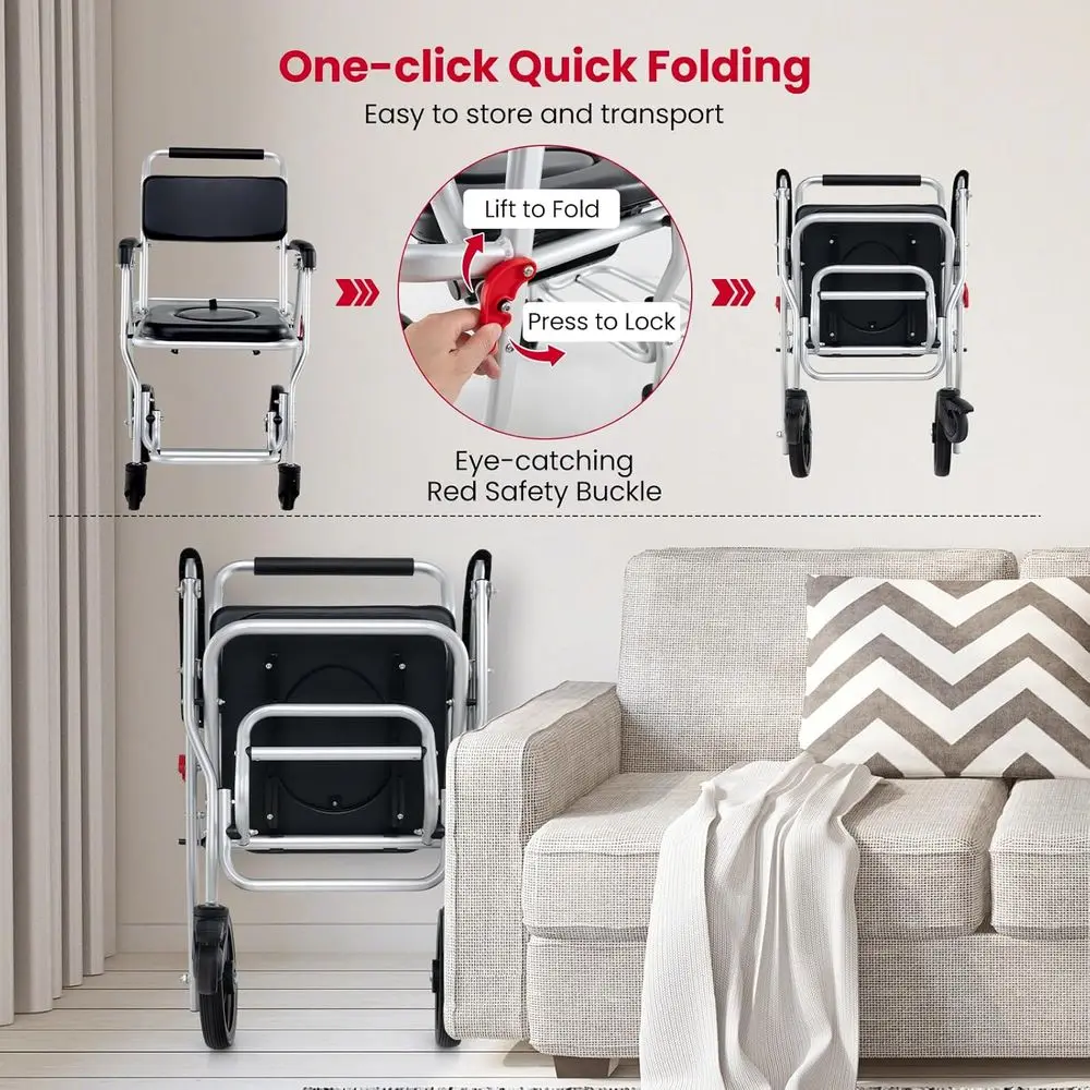 كرسي دش قابل للطي 4 في 1، سعة 330 رطل، كرسي متحرك محمول لكبار السن والمعاقين