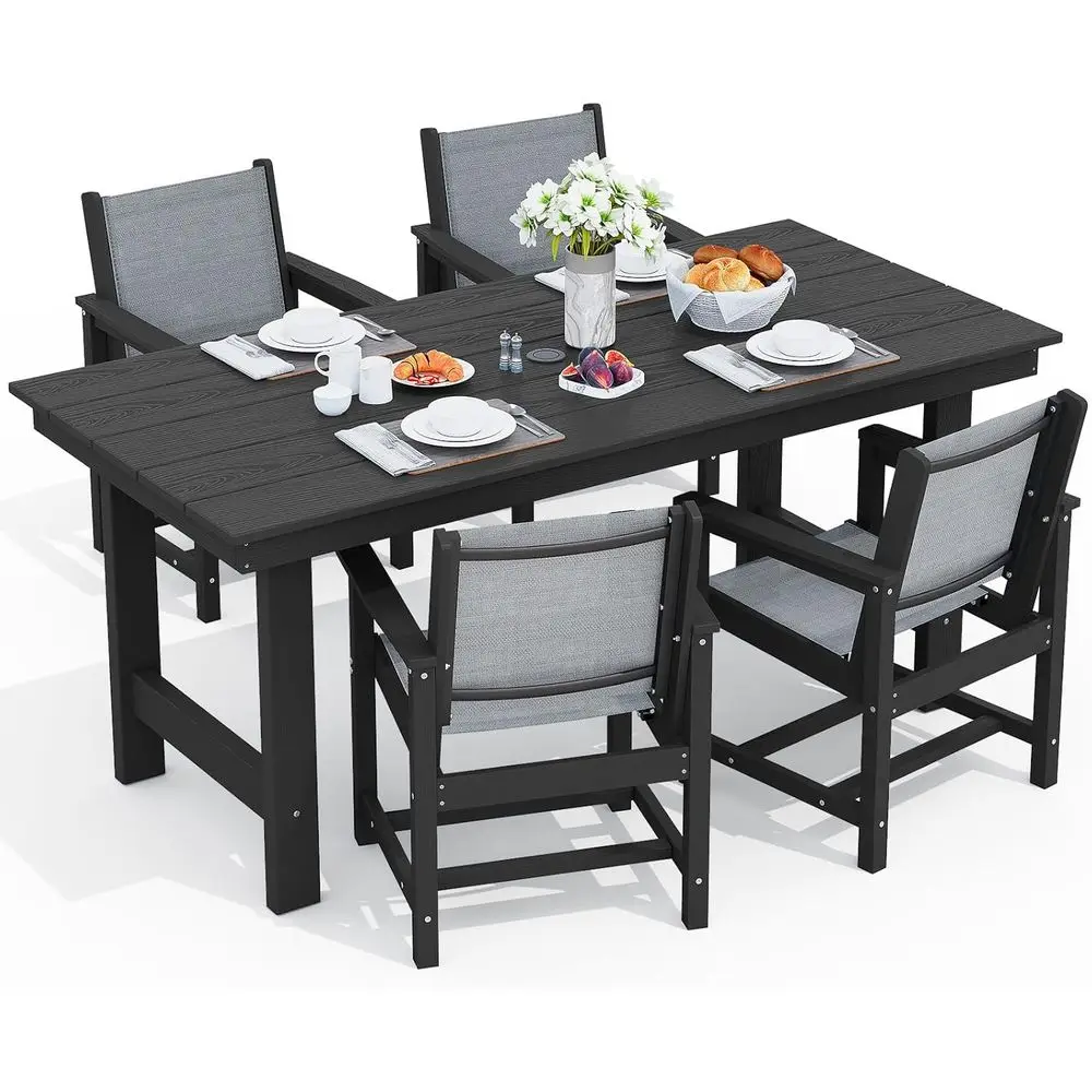 

Gray 5-Piece Outdoor HDPE Patio Dining Set with Umbrella Hole Table and Woven Chairs
