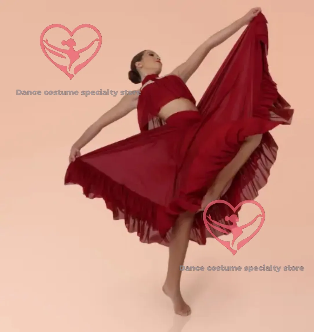 Moderately cropped elegant high-neck full-circle skirt with two gathered ruffles, a commendable lyrical dance costume