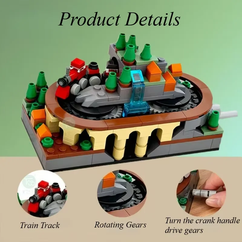 Hand Crank Train Track Building Blocks Set,MOC Decor Ornament,DIY Educational Assembly Stress-Relief Building Brick,Holiday Gift