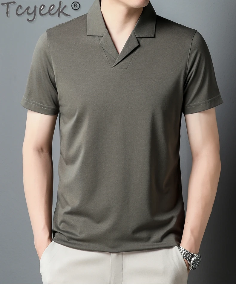Tcyeek 8.7% Mulberry Silk +13.3% Cotton T-shirts Thin Style Mens T-shirt Solid Color Casual Short Sleeve Top Summer Clothes 2024
