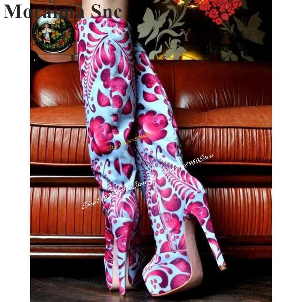 

Knee High Mixed Platform Flower Print Boots Thin High Heel Women Shoes Side Zipper Pointed Toe 2024 Fashion Zapatos Para Mujere