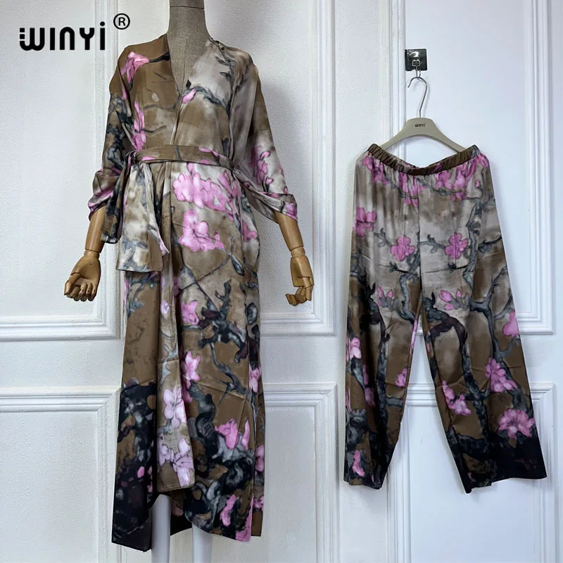 

WINYI Summer Elegant two-piece pant sets Boho Print Batwing Sleeve kimonos Women Printing Fashion CaCardigan Pants أطقم بناطيل