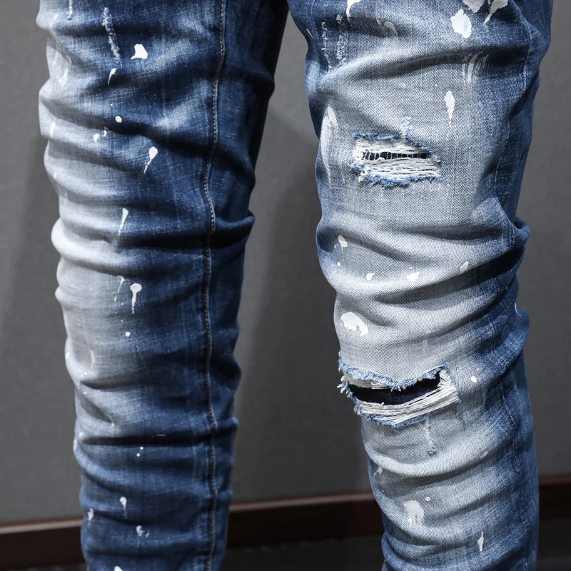 Fashion Trendy Vintage Men Jeans Retro Blue Elastic Stretch Skinny Painted Ripped Jeans Men Patched Designer Denim Pants hombre