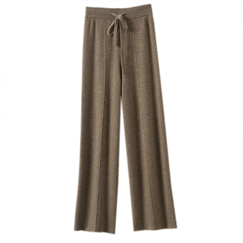 Women's Knitted Wide Leg Pants Drawstring Elastic Waist Soft Warm Knit Palazzo Trousers Casual Loose Straight Leg Fall Winter Lo