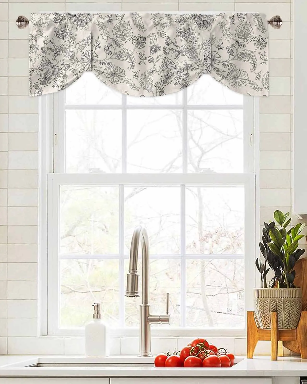 

Vintage Floral Texture Window Curtain Living Room Kitchen Cabinet Tie-up Valance Curtain Rod Pocket Valance