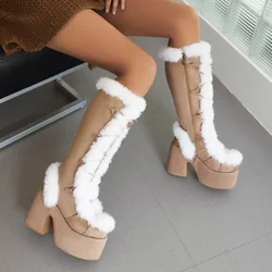 New Winter Women Snow Boots Platform Wedge High Heel Faux Fur Lady Shoes Female Plush Warm Non-slip Mid Calf Boots Goth Shoes