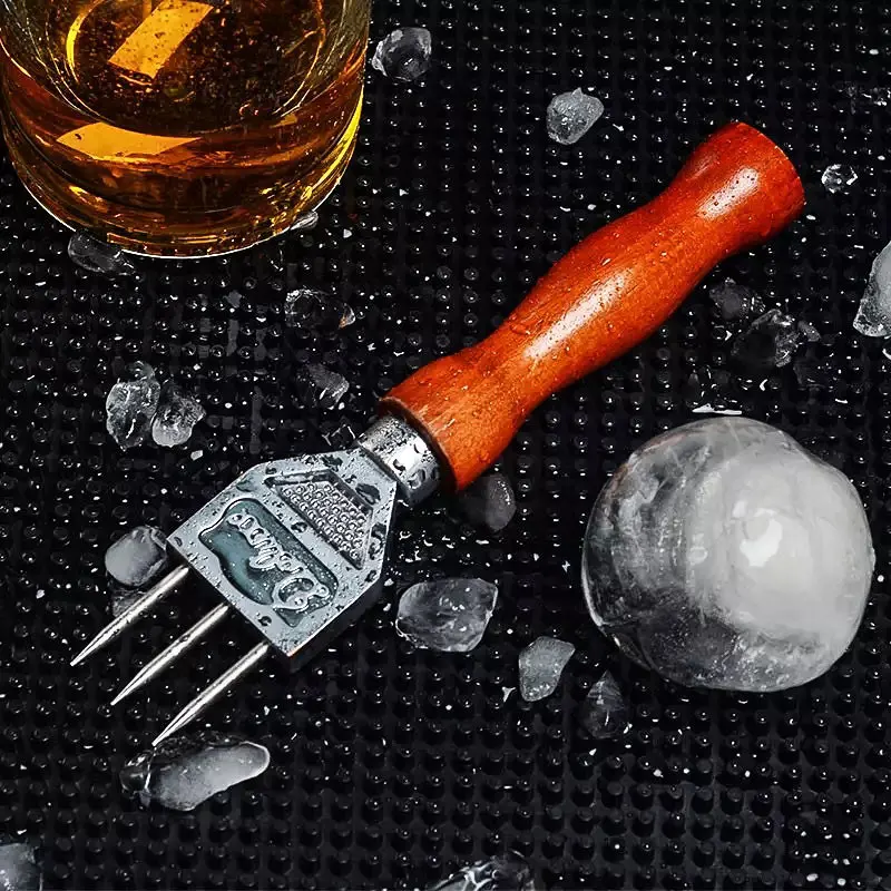 Picadora de hielo: picadora de hielo resistente con mango de madera maciza, trituradora de hielo de tres puntas de acero inoxidable 304 para cóctel y barman