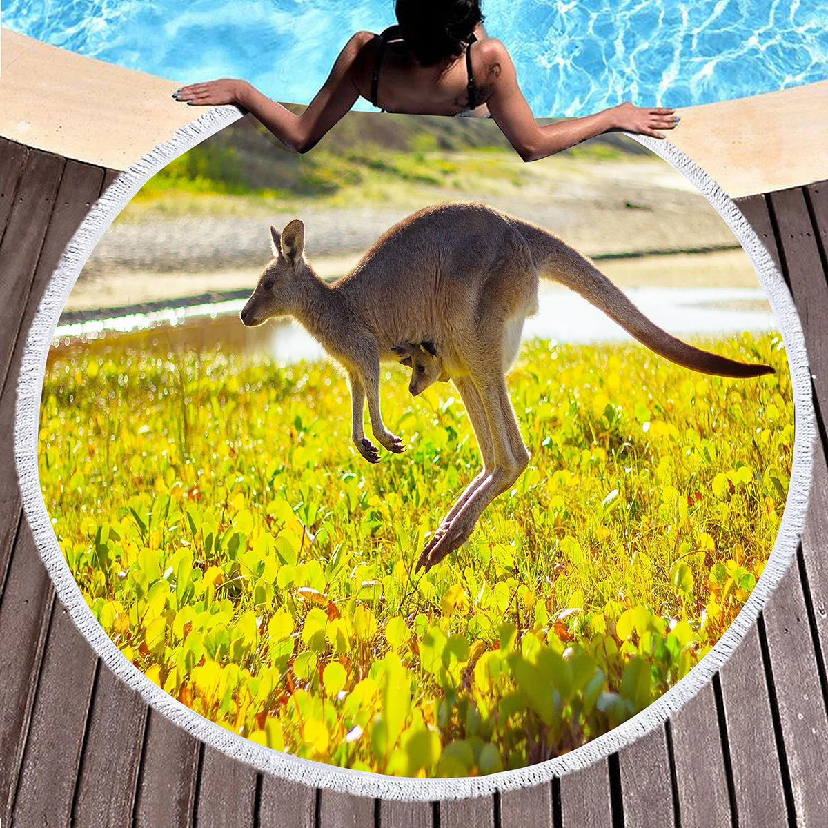 Kangaroo Round Beach Towel with Tassels, Microfiber Quick Dry Beach Blanket Sand Free Quick Dry Yoga Mat Circle Swim Pool Towel