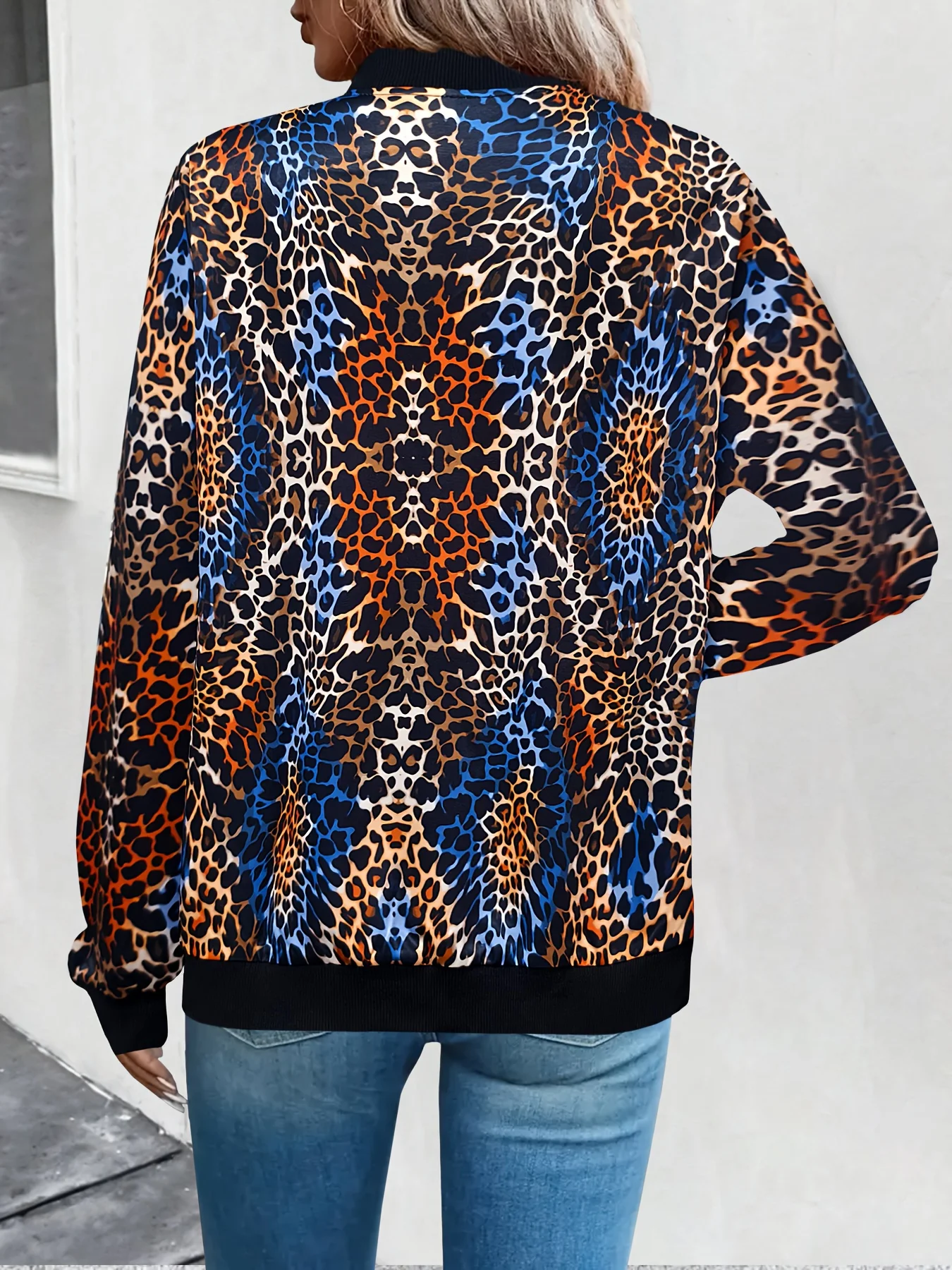 여성 패션 레오파드 프린트 재킷, 파란색과 주황색 동물 패턴, 풀 지퍼 라운드 넥 디자인, 기계 세탁 가능한 긴 소매 코트