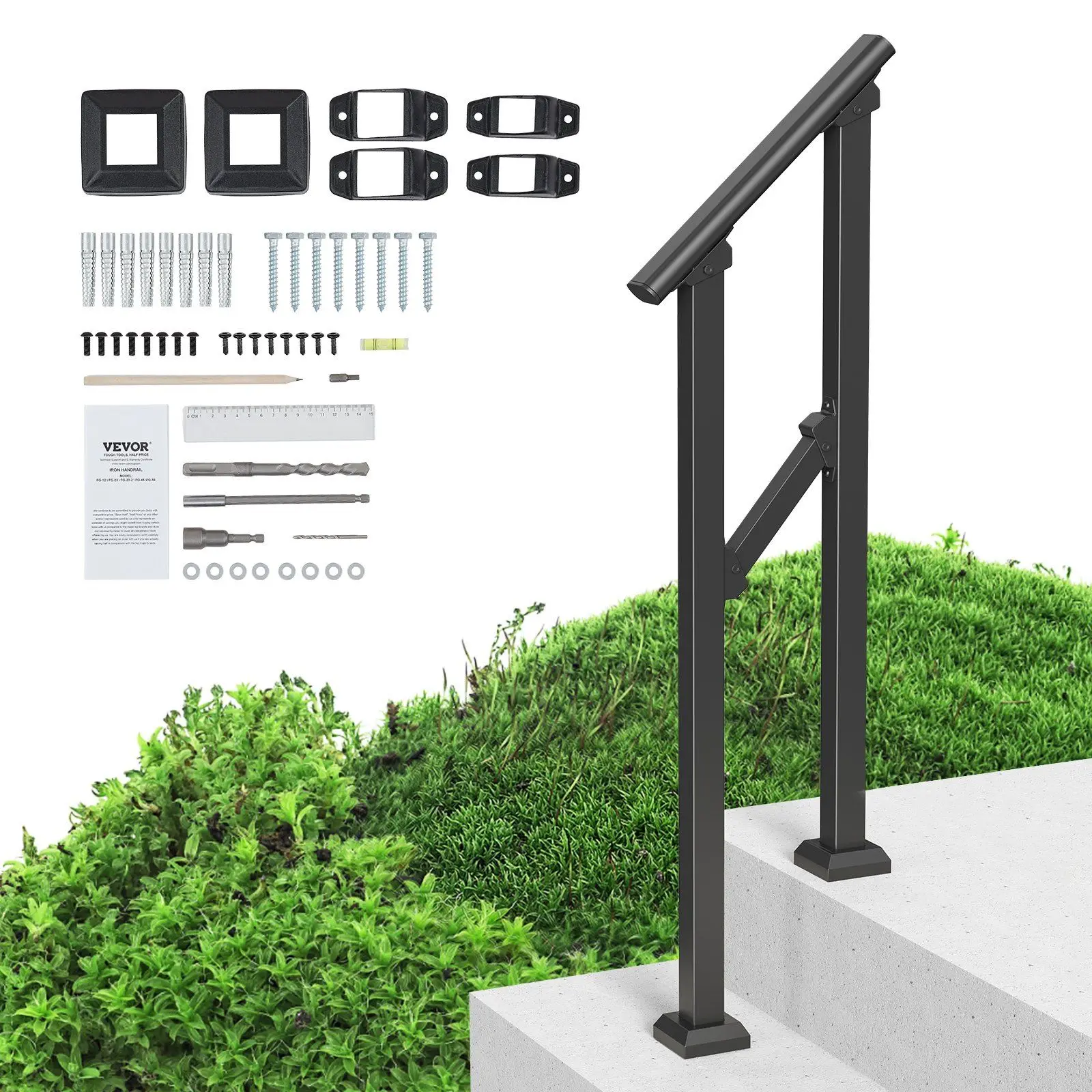 1-2 Handrails for Outdoor for Seniors Porch Deck Black Square Tube Steel