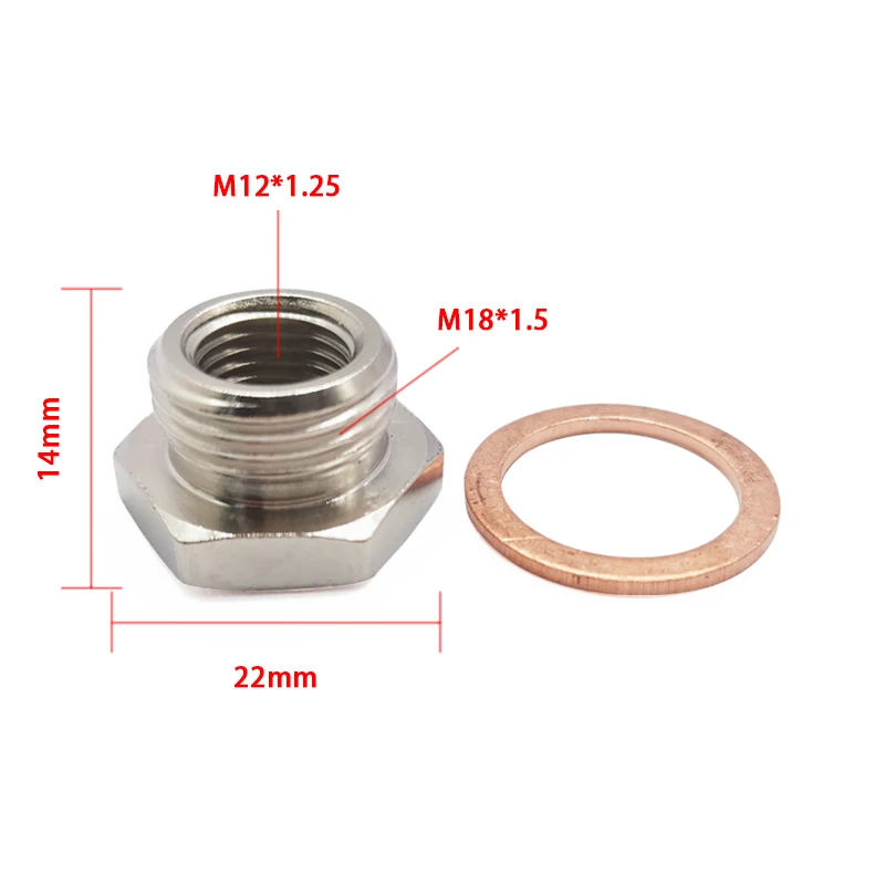 M18x1.5 to M12x1.25 O2 Sensor Adapter with Copper Washer, Universal Exhaust Bung Reducer for Car & Motorcycle