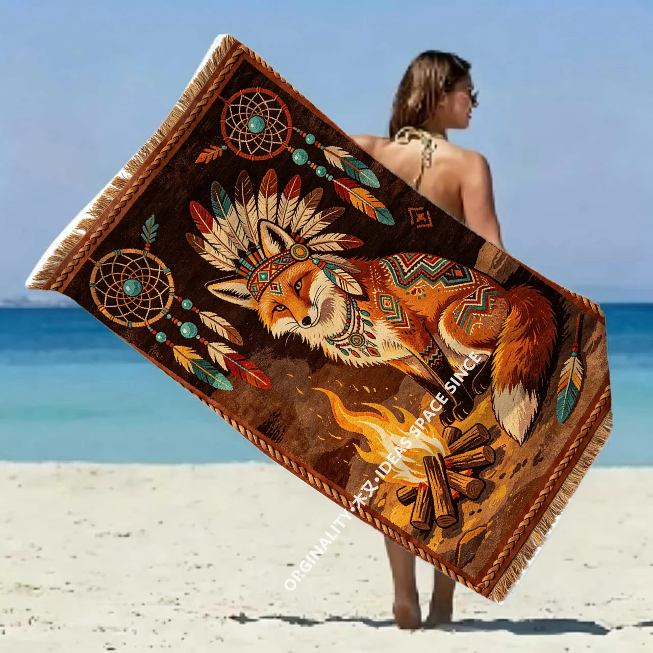 Bohemian Fox Dreamcatcher Beach Towel Patterned Sunscreen And Windproof Suitable For Swimming Pool Camping Travel