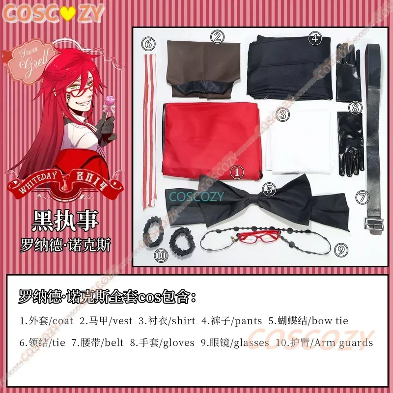 Shinigami Grell Sutcliff disfraz de Cosplay muerte Shinigami Grell Sutcliff uniforme rojo gafas peluca roja Halloween mujeres hombres traje