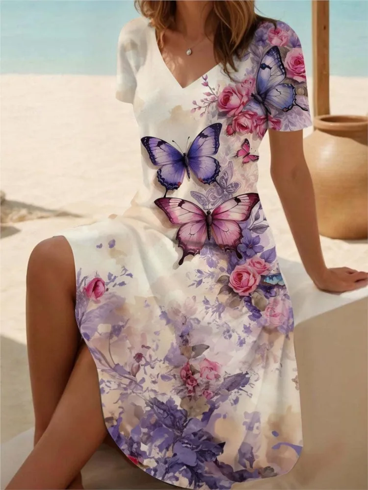 

Sexy V-neck Fashionable 3D Printed Mid Length Dress Summer New Casual Short Sleeved Loose Women's A-line Dress