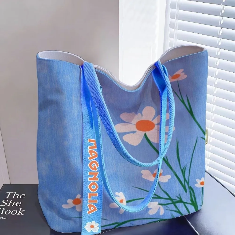 Cartoon Daisy Print Canvas Bag Large Capacity Reusable Shoulder Bag Lightweight Versatile Lunch Bag Women's Accessories