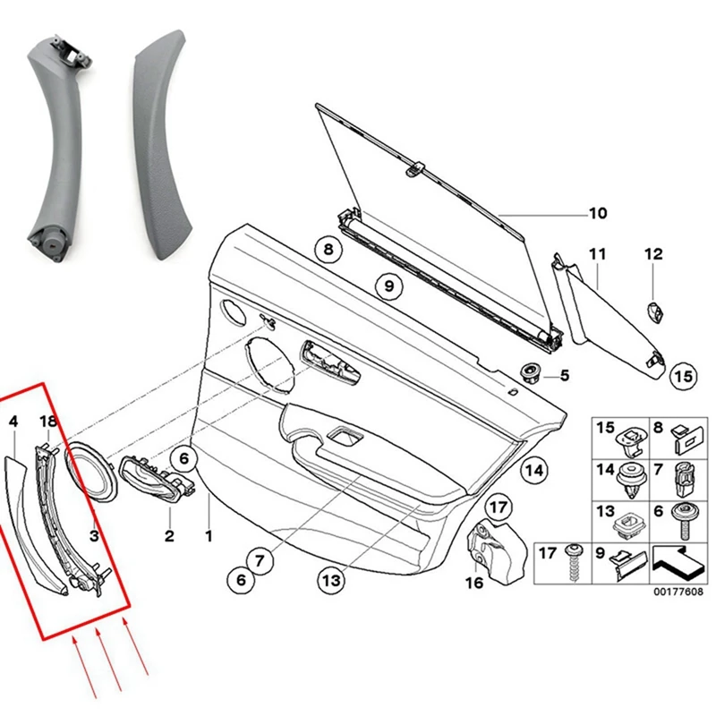 2X Car Left Interior Door Pull Handle With Cover Trim Replacement For BMW 3 Series E90 E91 E92 2004-2012 Gray