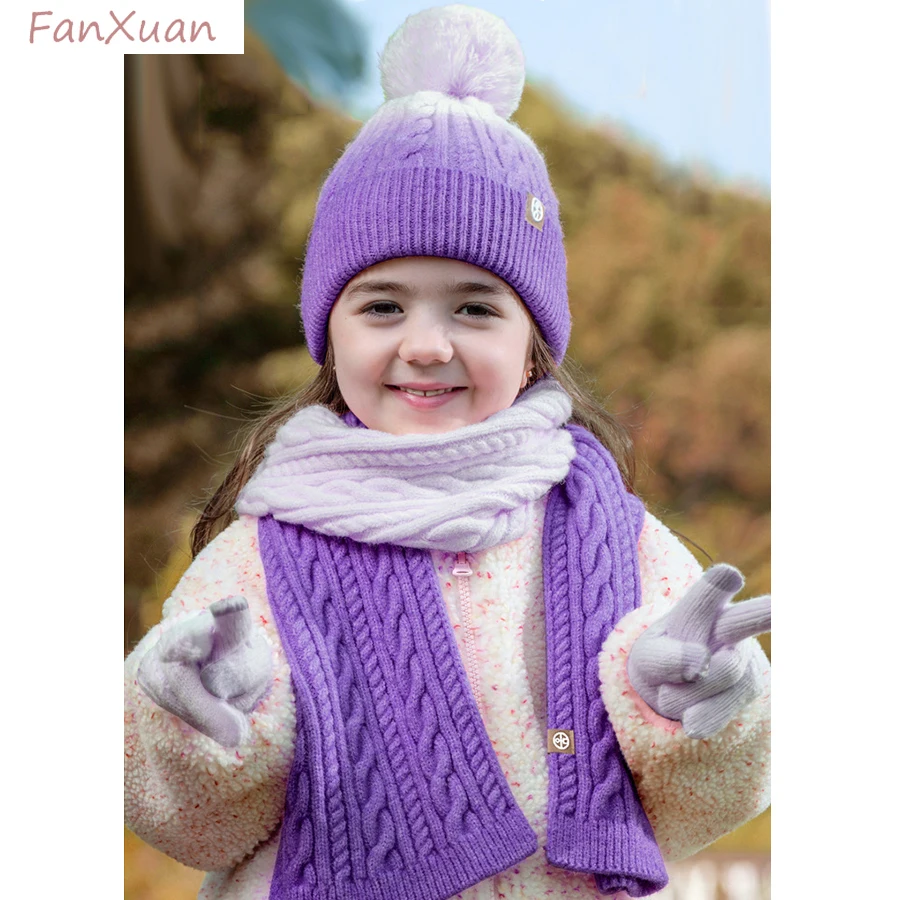 3Pcs Kids Winter Hat Long Scarf Gloves Set Knitted Purple Pink Blue Gradient Ramp Children Beanies Pompom Winter Cap Girls 2-8Y