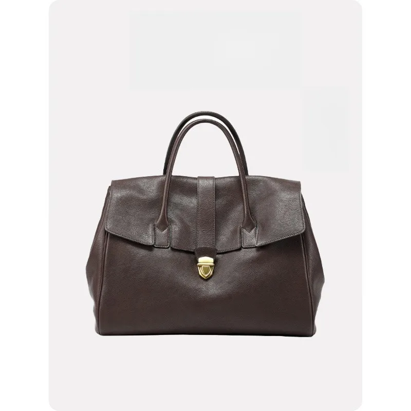 

New retro top layer cowhide hand-held briefcase, women's real leather bag, hand-held large capacity bag