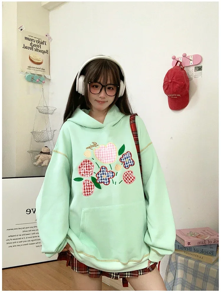 Embroidery Pocket Hooded Hoodie Oversized Cute Pretty Loose Women's Sweatshirts Hoodies Y2k Clothes 2000s kawaii grunge harajuku