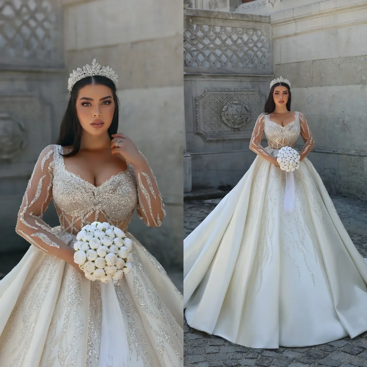 Exquisite A-Line Lace Crystal Decal Women's Wedding Dress V-Neck Long Sleeved Church Bridal Gown Vestido De Noiva Customized