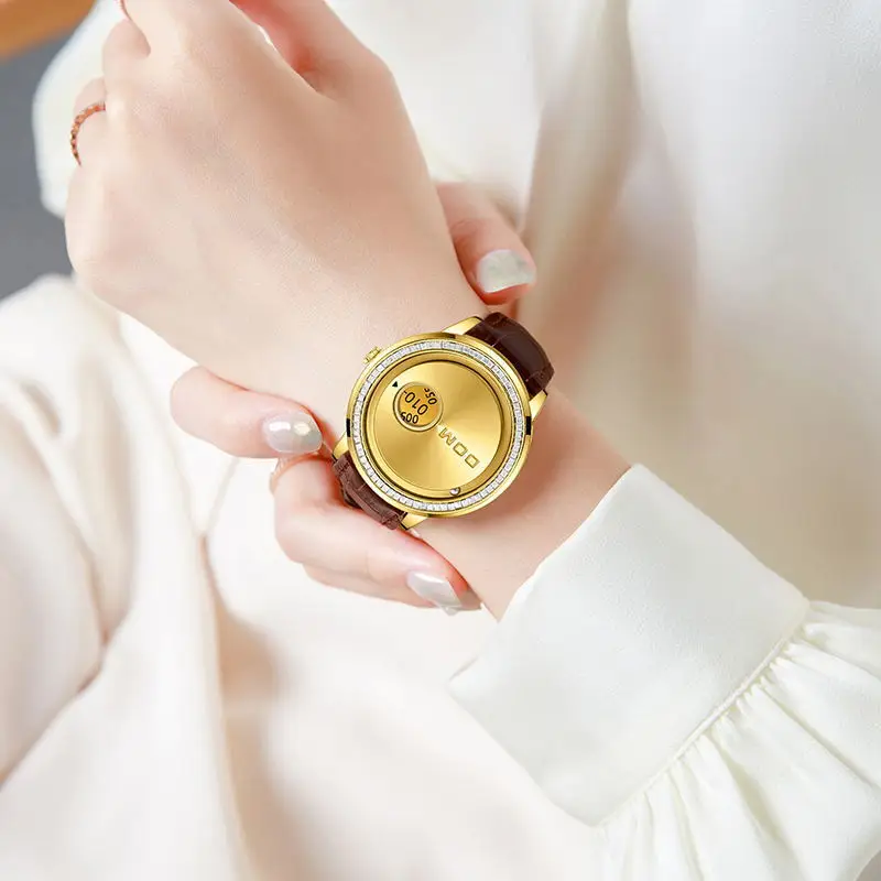 DOM59 Новое поступление, часы с бриллиантами, женские магнитные часы, кварцевые наручные часы с шарикоподшипником для женщин с кожаным браслетом