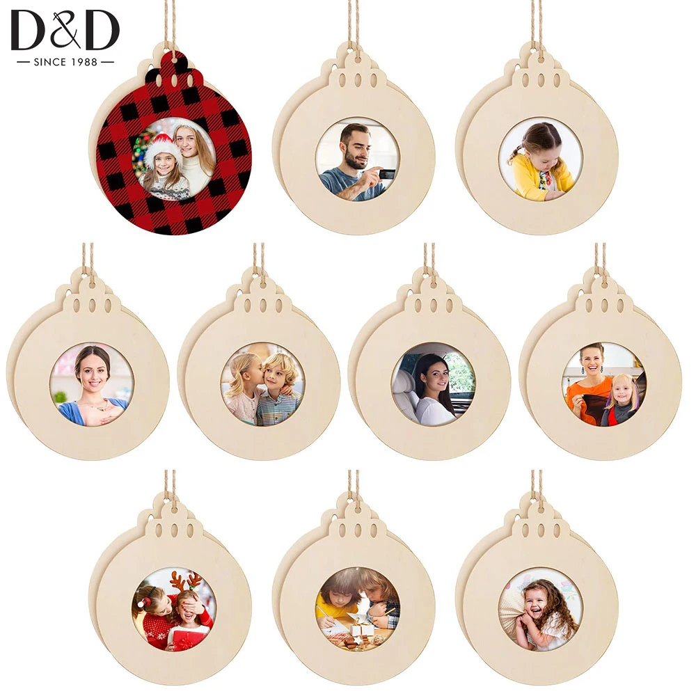 

50/100pcs Wooden Photo Picture Frame Hanging Craft Holiday Presents Frame Ornaments with Rope for DIY Christmas Tree Decoration