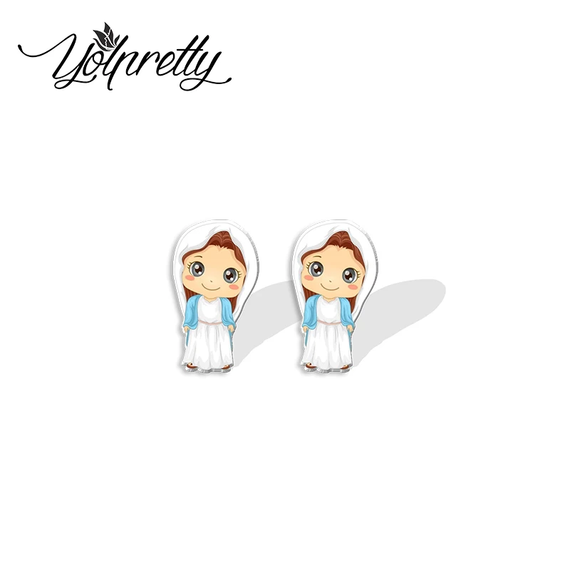 2023 New Arrival Fashion Holy Cartoon Virgen María Mary Virgin Epoxy Stud Earrings Handcraft Acrylic Resin Earrings