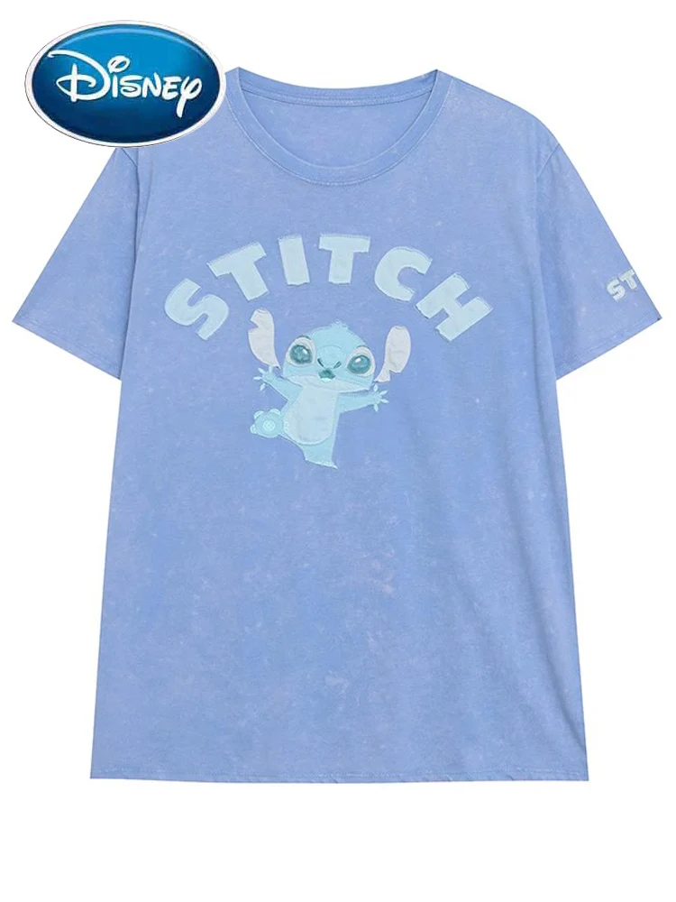 

Disney T-Shirt Stitch Little Monster Letter Cartoon Print Appliques Distress Wash Women O-Neck Pullover Short Sleeve Tops Female