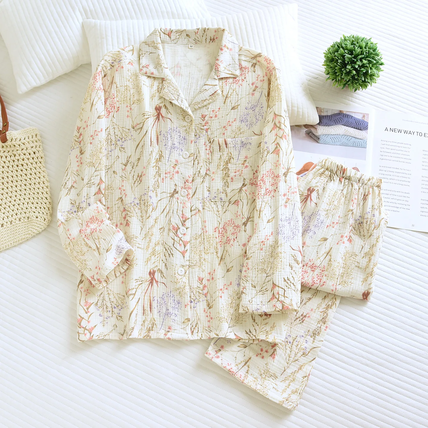 

Spring and Autumn Women's Long Sleeve Long Pants Cotton Home Clothes Cute and Sweet Floral Printed Loungewear Women
