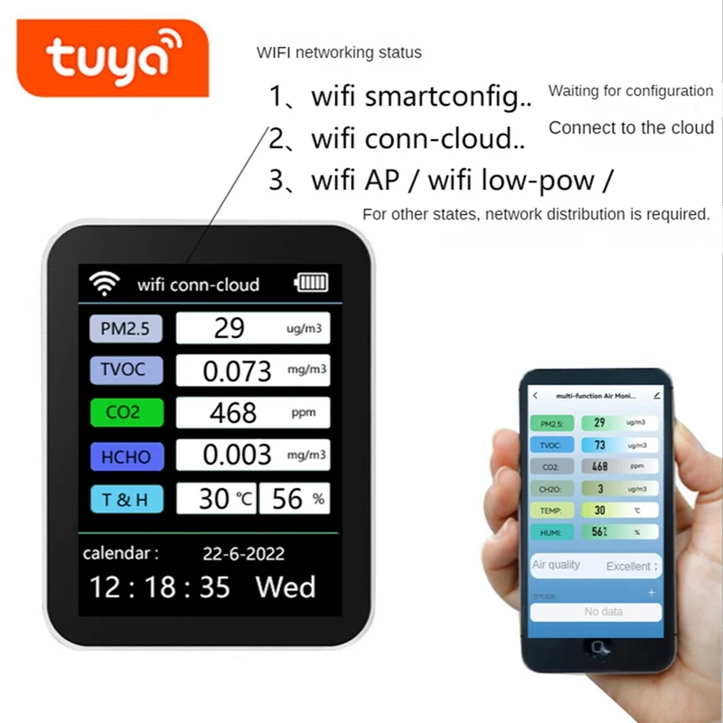 Tuya Wifi 7 In 1 Smart Air Quality Monitor CO2 Meter TVOC HCHO PM2.5 Tester CO2 Sensor Formaldehyde Gas Detector White