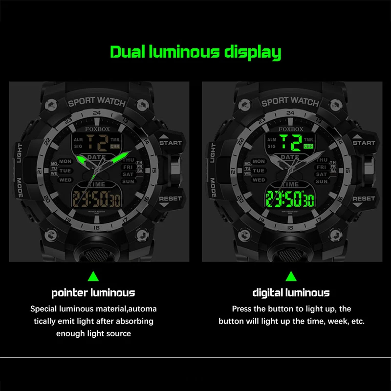 FOXBOX Fashion Electronic Man Watch Outdoor Waterproof LED Light Casual Sport Dual Digital Display Alarm Week Date Stopwatch+Box