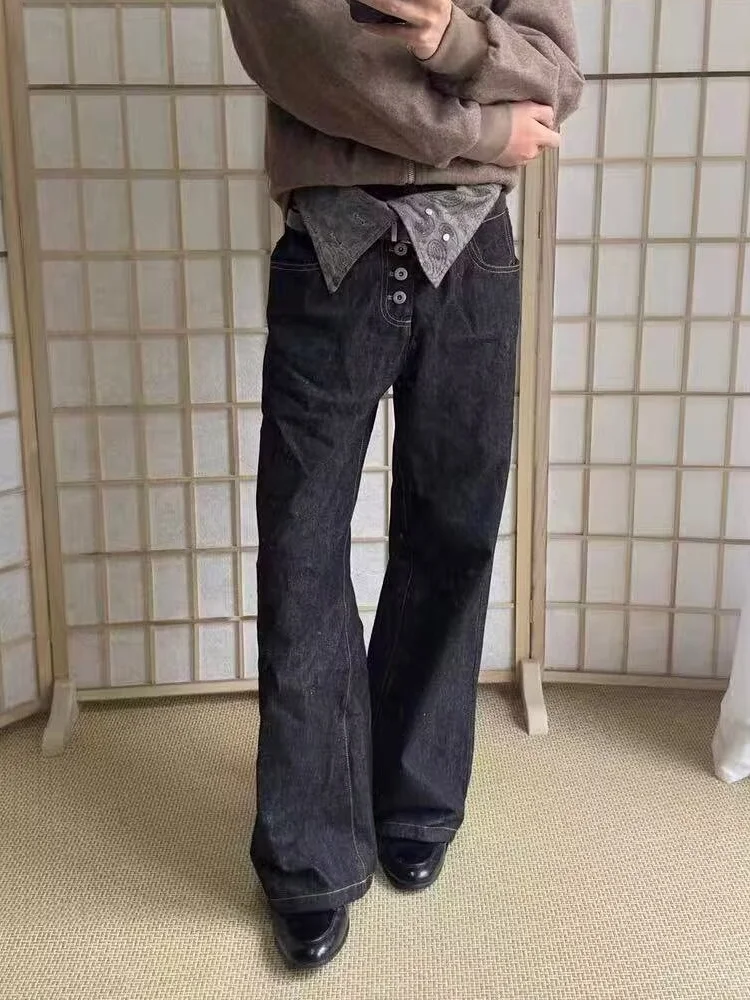 

2025 г., черные мешковатые джинсы в стиле ретро Y2K на пуговицах в стиле пэчворк, мужская одежда, прямые готические джинсовые брюки