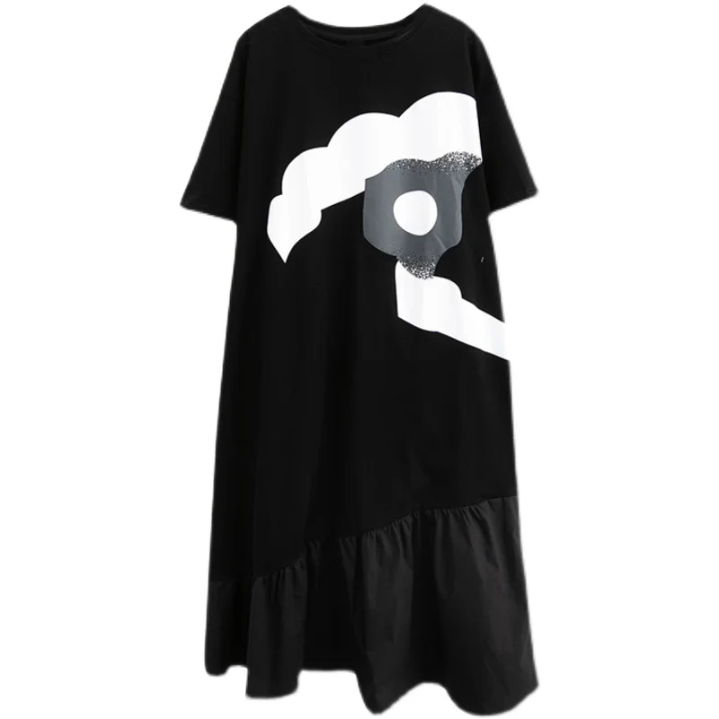 Été nouvelle grande taille t-shirt ample femmes Midi droite coupe ajustée décontracté coton mélange longue Sve rond Ne a-ligne Dr