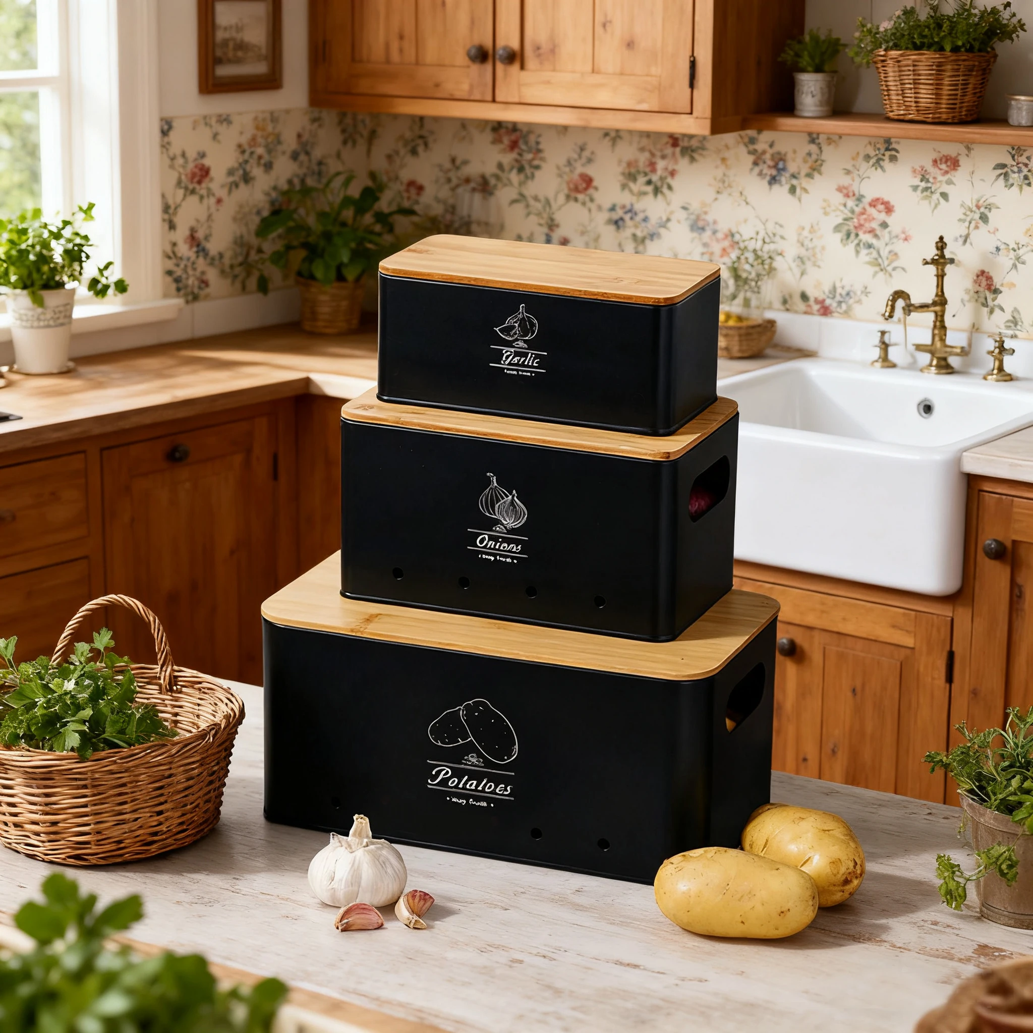 SAEIV Hochwertiges 3-Stück Metallische Kartoffelbox Set mit Natürlichem Bambusdeckel – Stapelbare Aufbewahrungsboxen für Kartoffeln, Zwiebeln & Knoblauch (mit Lüftungslöchern) – Arbeitsfläche oder Vorratsschrank – Detail 10