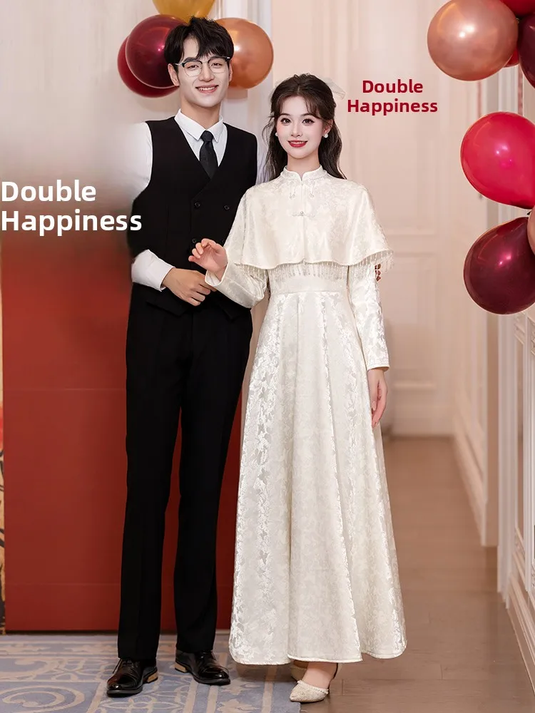

Champagne Color Bridal Dr Set Engagement Wine Ceremony Chinese Sle Wedding Gown Autumn Winter Formal Wear