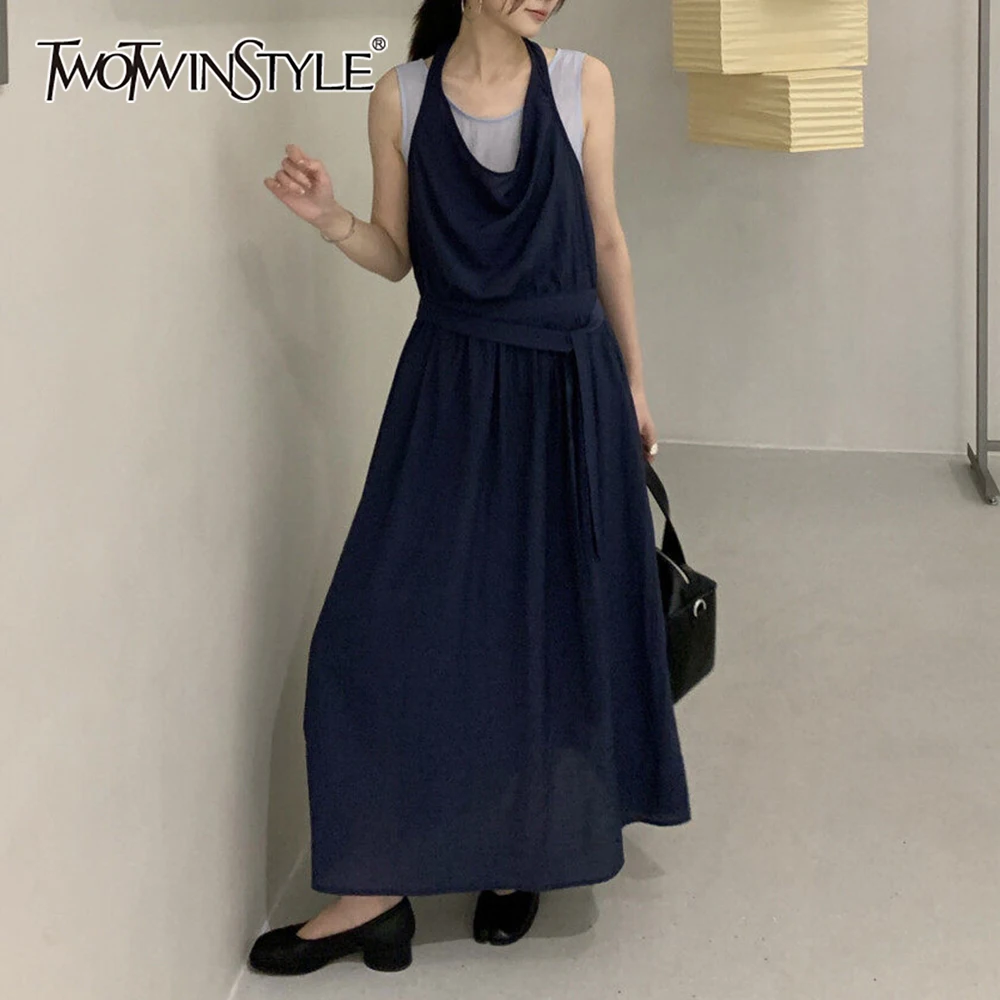 TWOTWINSTYLE Hit Color Loose Spliced Lace Up Casual Long Dresses for Women O Neck Sleeveless Basics False Two Piece Dress Female
