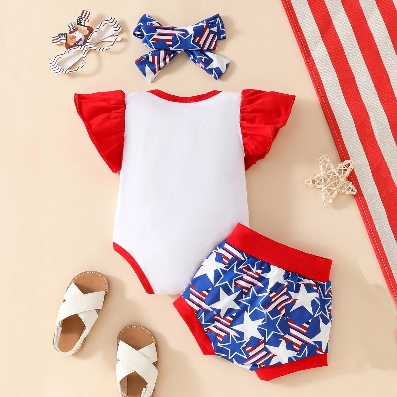 My First 4th Of July Baby Girls 3pcs Outfit Ruffles Sleeve Bodysuit+Stars Shorts+Headband Independence Day Baby Costume 0-18M