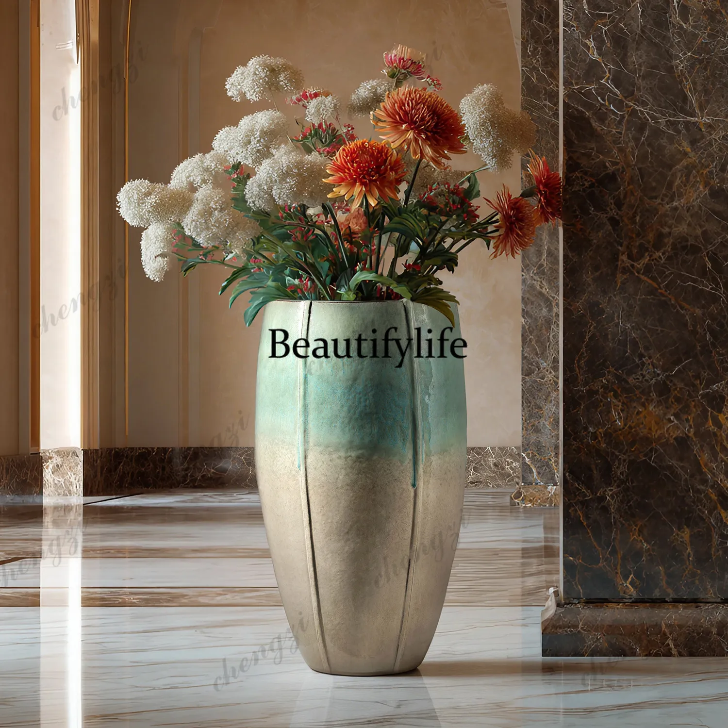 Light luxury vertical pattern floor-to-ceiling large vase ceramic high living room flower arrangement hotel lobby ornament
