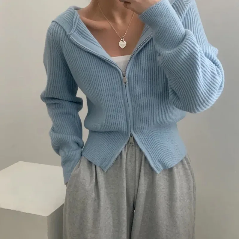 

OCEANLOVE Short Cardigans Woman Zipper Autumn Winter Solid Hooded Sweaters Korean Fashion Chic Simple Retro Sueter Mujer